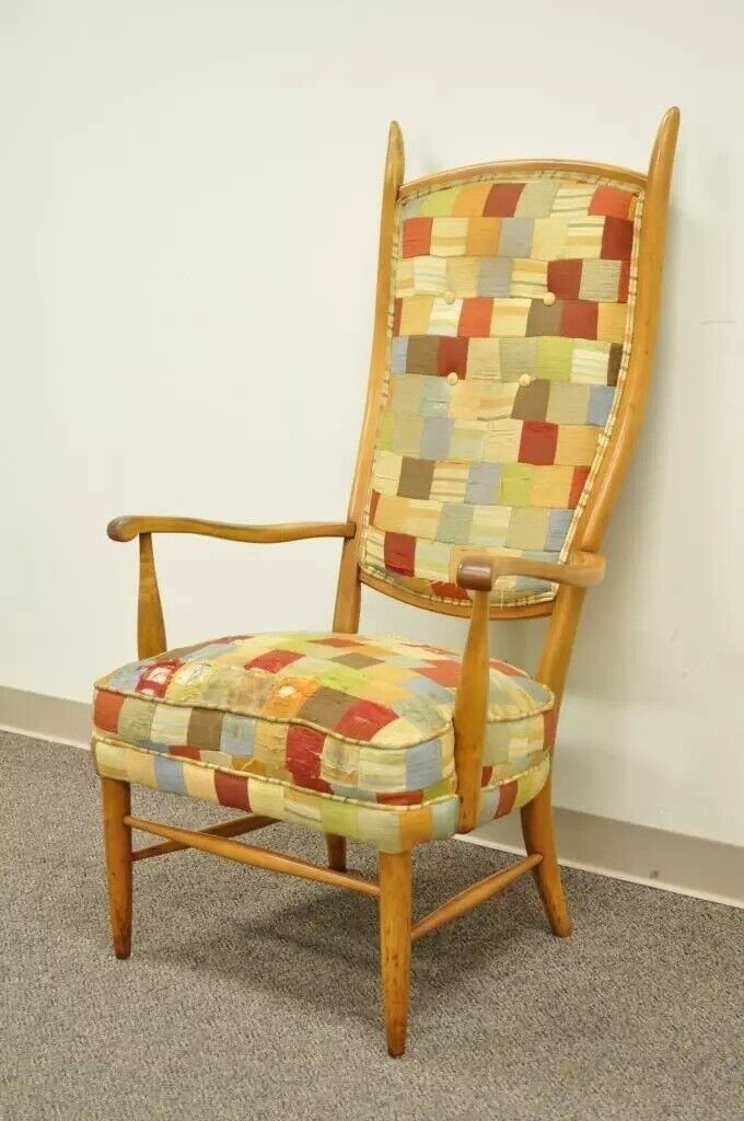 Maxwell Royal High Back Maple Wood Mid Century Edward Wormley Style Arm Chair