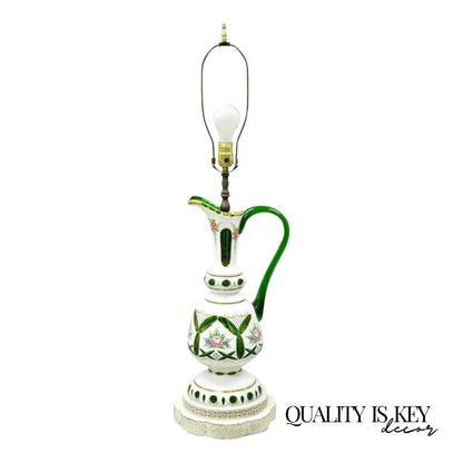 Antique Bohemian Czech Case Glass Green White Urn Ewer Table Lamp