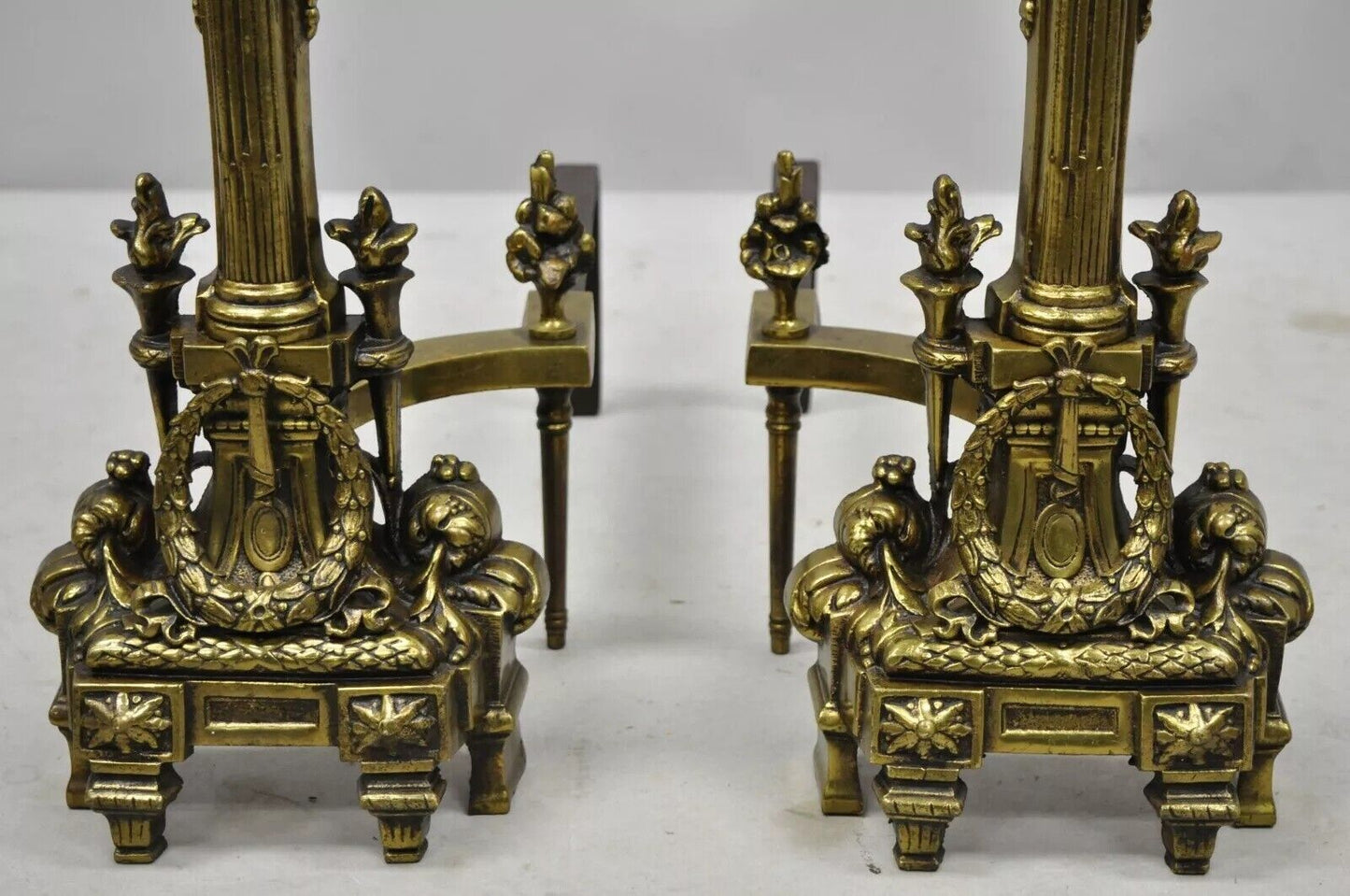 Vintage French Empire Brass Bronze Column Flame Finial Fireplace Andirons - Pair