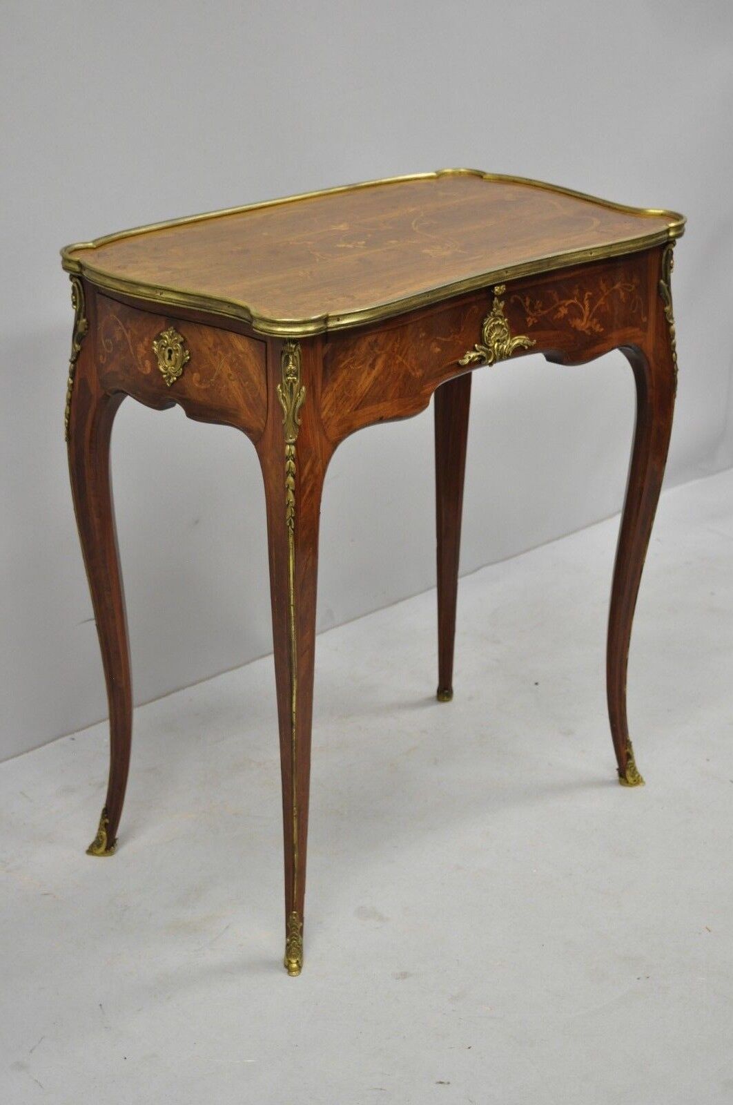 C. Mellier & Co London French Louis XV Style 2 Drawer Inlay & Leather Side Table