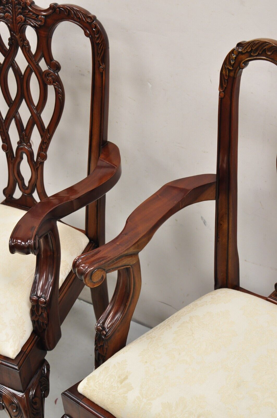English Chippendale Style Carved Mahogany Ball & Claw Dining Arm Chairs - a Pair