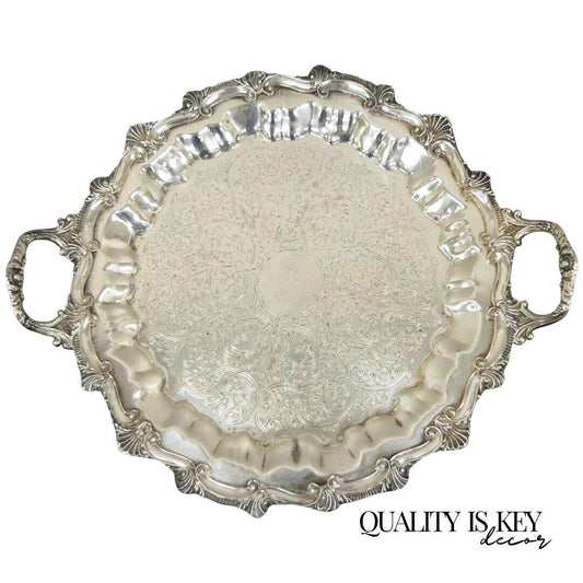 Regency Style Ornate Heavy Silver Plated Twin Handle Scalloped Platter Tray