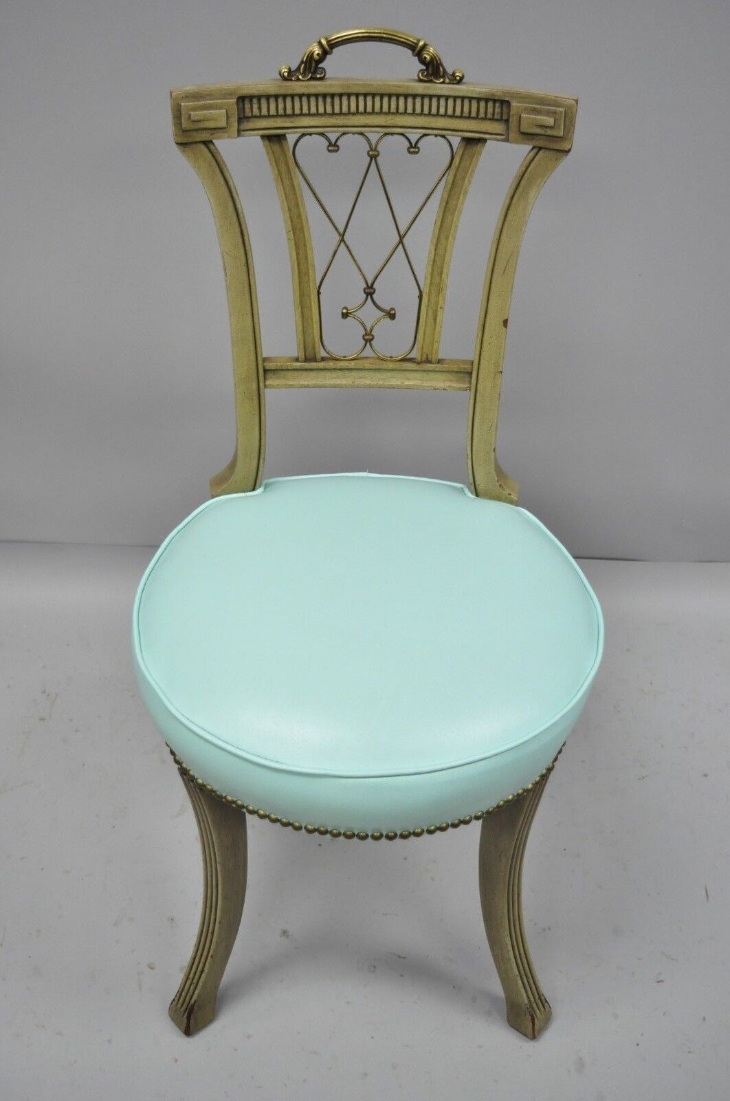 Carved Mahogany French Regency Style Chair w/ Brass Handle & Aqua Blue Vinyl (A)