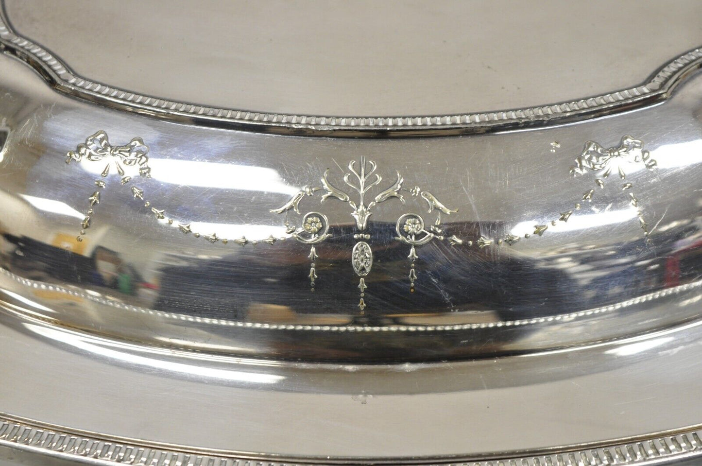 Vintage English Edwardian Silver Plated Covered Vegetable Dish w/ Drapes