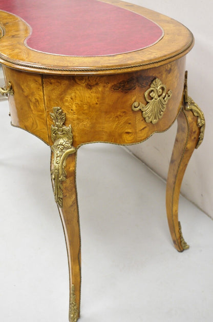 French Louis XV Style Kidney Shaped Leather Top Bronze Mounted 3 Drawer Desk