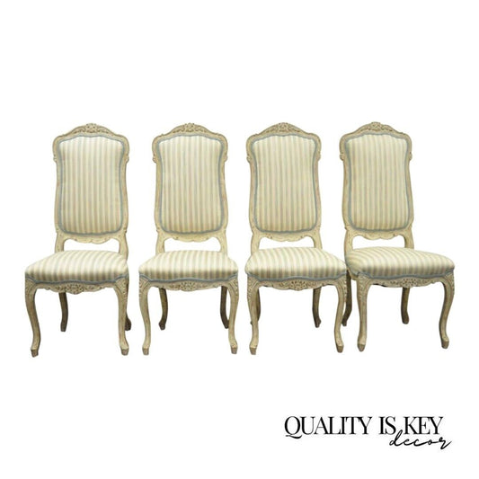 Vintage Swedish Rococo Style Cream Distress Painted Side Chairs - Set of 4