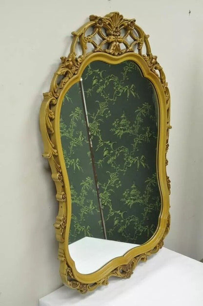 Vintage French Louis XV Style Floral Carved Wood Yellow Painted Wall Mirror