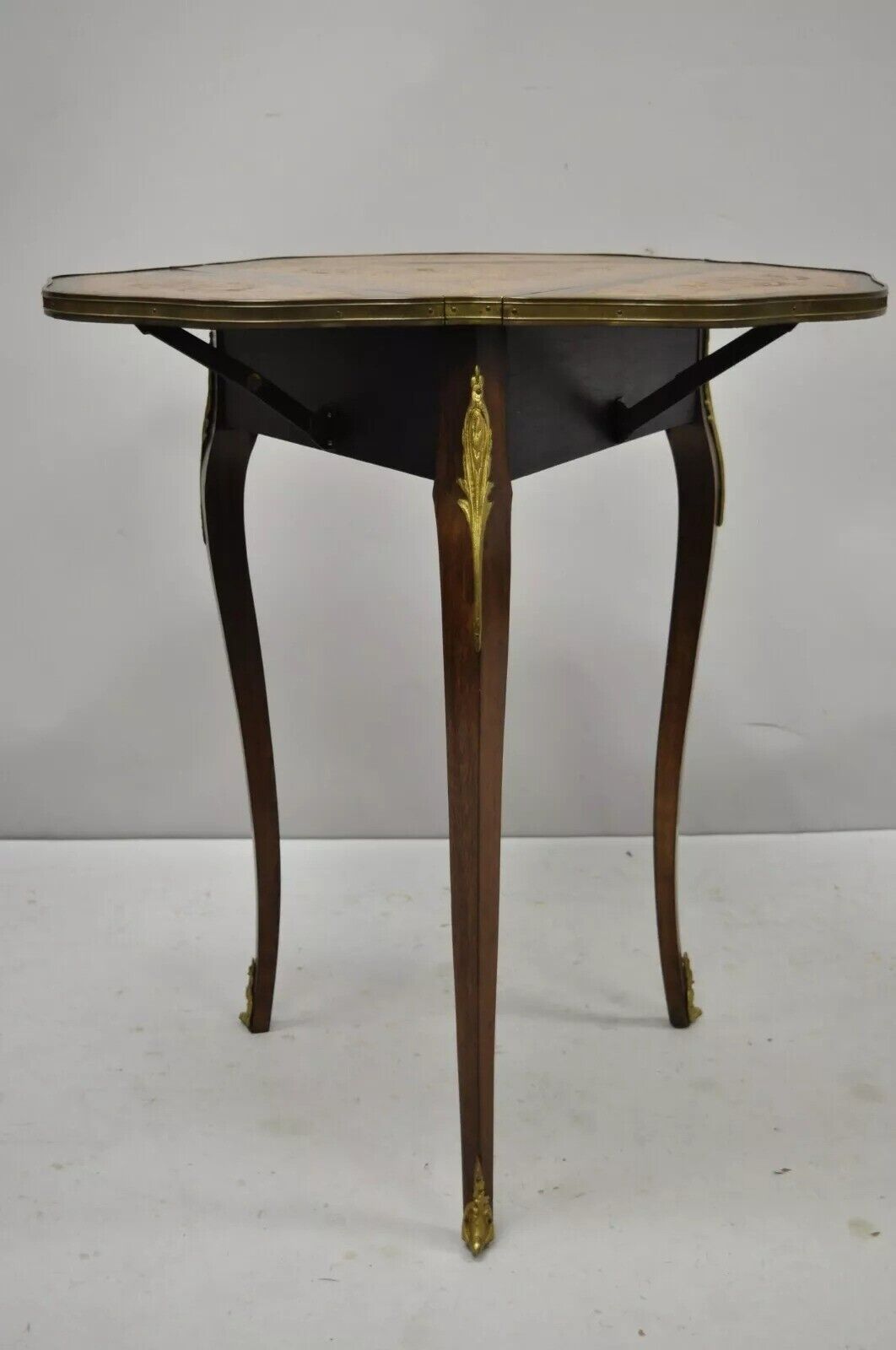 French Louis XV Satinwood Inlay Triple Drop Leaf Side Table with Bronze Ormolu