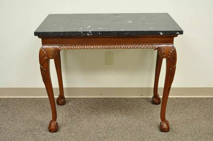 Vintage Carved Mahogany Chippendale Style Ball and Claw Marble Top Console Table