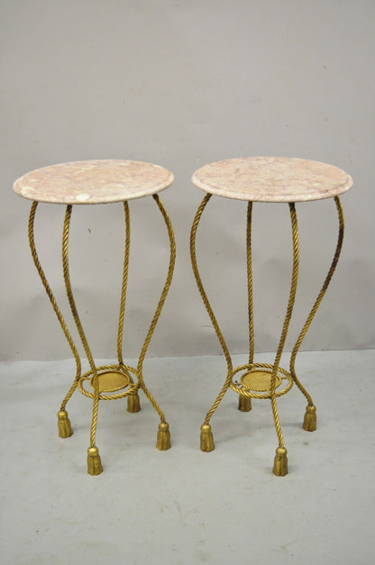 Italian Gold Gilt Iron Rope Tassel Marble Top Tall Pedestal Plant Stand - a Pair