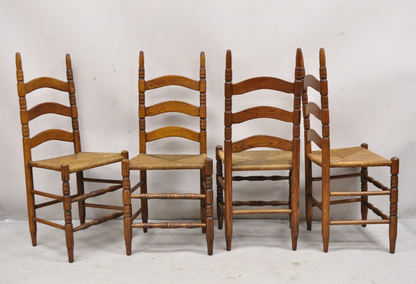 Antique Ladderback Primitive Rustic Oak Wood Rush Seat Dining Chairs - Set of 4