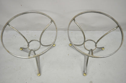 Italian Neoclassical Maison Jansen Brushed Steel Brass Round End Tables - a Pair