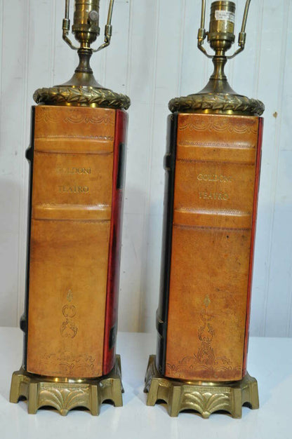 Vintage English Regency Style Leather Book Form Table Lamps by Wildwood - a Pair