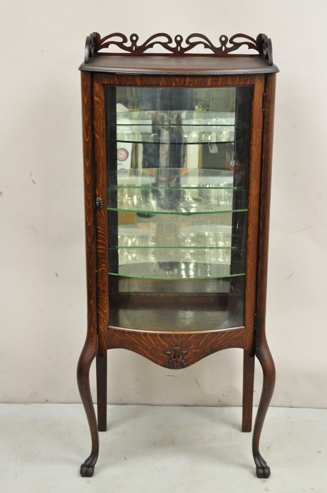 Antique Victorian Oak Wood Bowed Glass Single Door Carved Fretwork Curio Cabinet