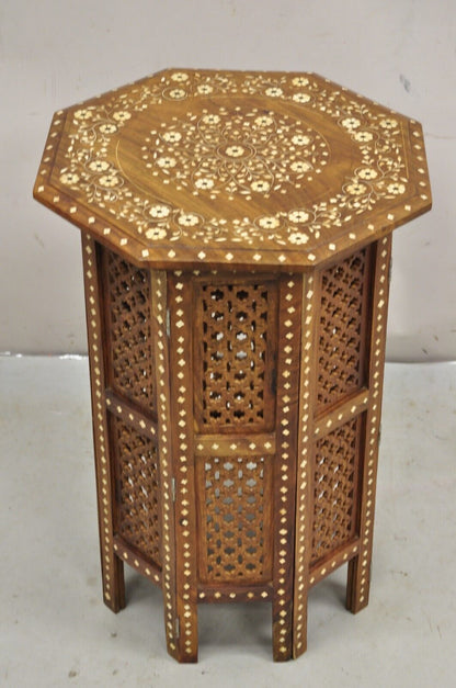 Vintage Anglo Indian Bone Inlay Octagonal Folding Mahogany Wood Side Table