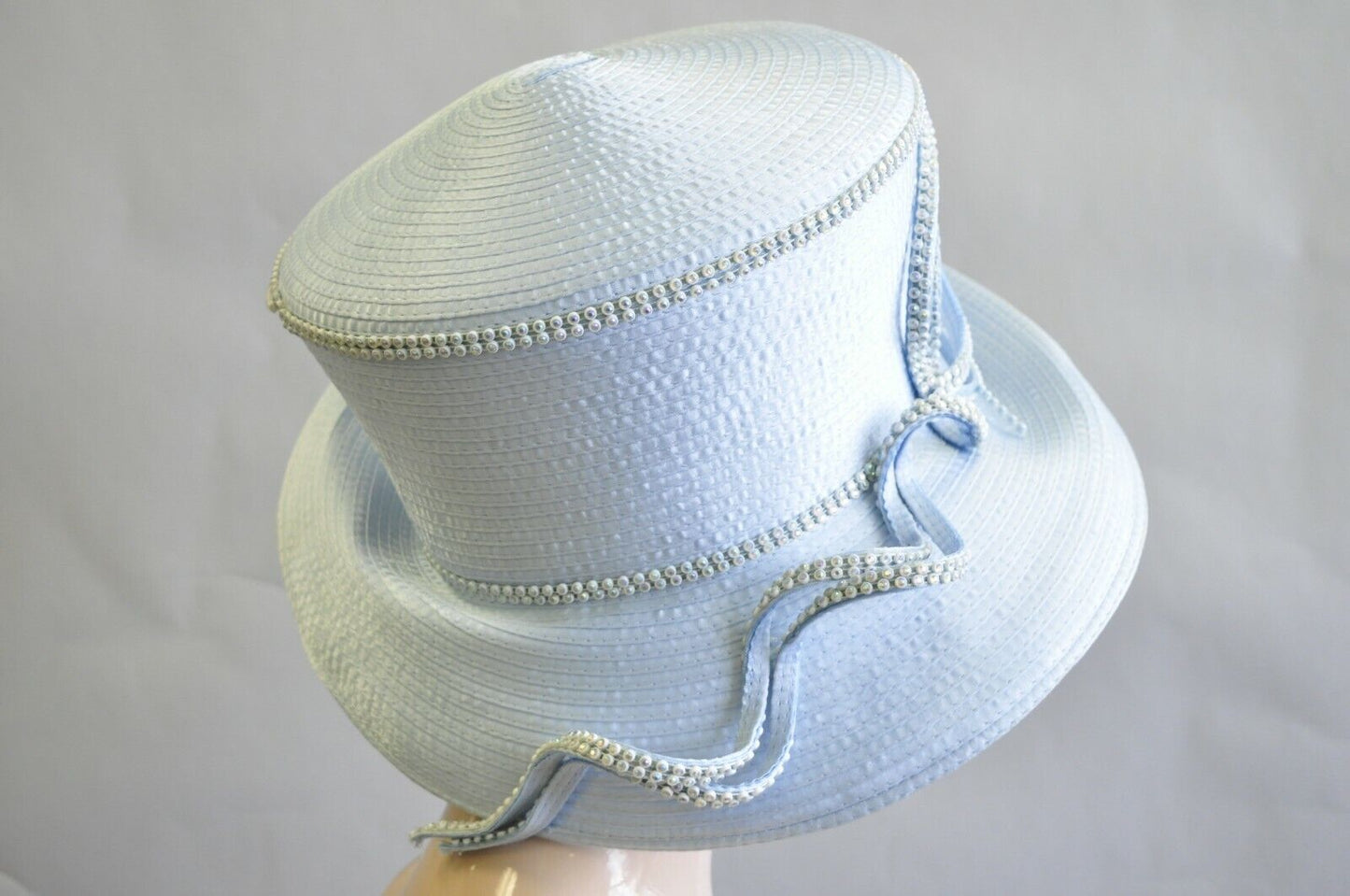 Sky Blue Beaded Ribbon Church Derby Top Hat Attributed to Shellie McDowell