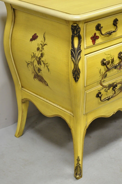 French Louis XV Style Yellow Butterfly Painted 3 Drawer Nightstands - a Pair