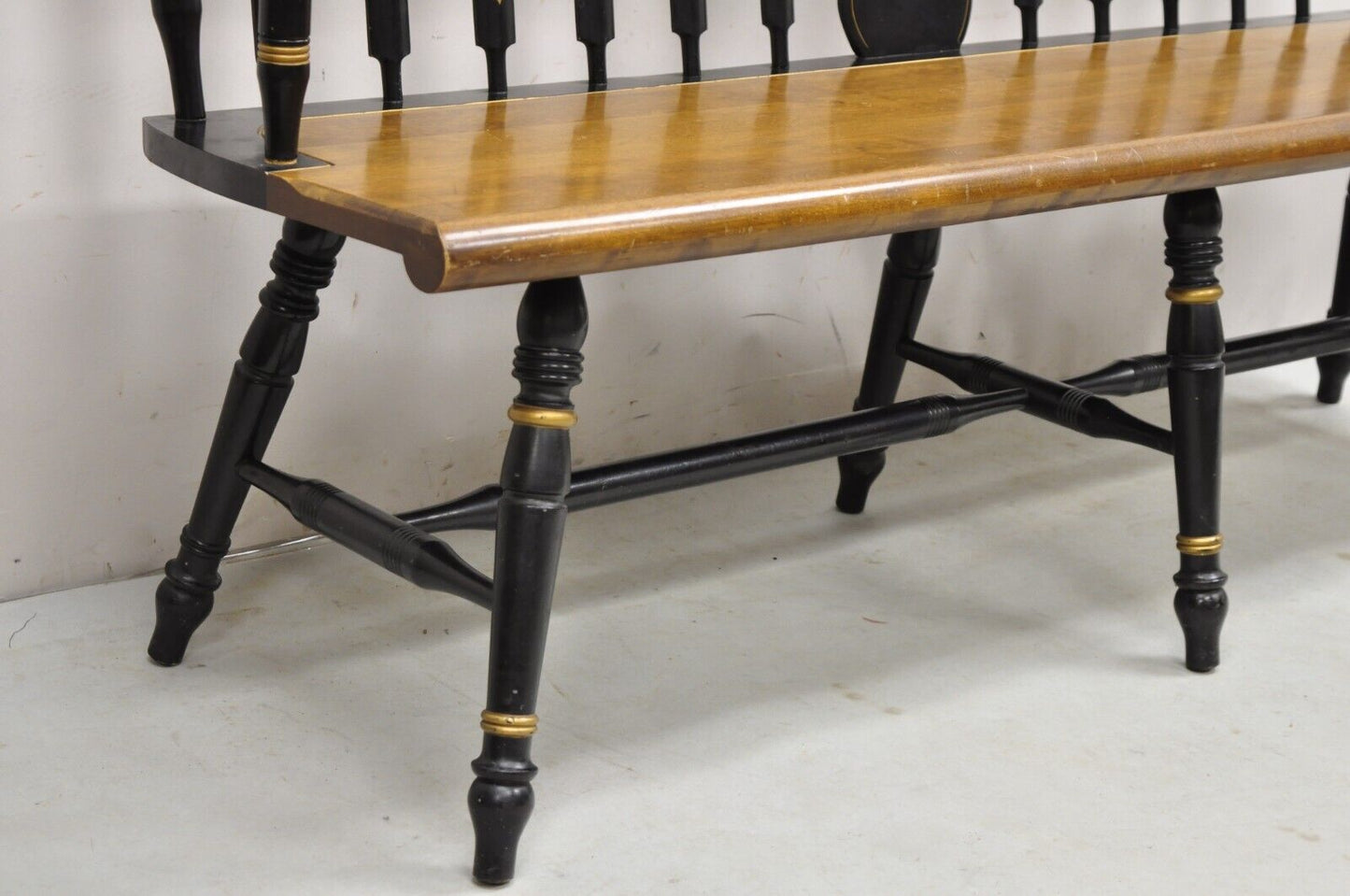 Vintage Hitchcock Style Maple Wood 6 Leg Colonial Black Stencil Windsor Bench