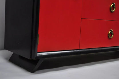 Mid Century Modern Art Deco Black and Red Credenza Cabinet Sideboard by Harjer