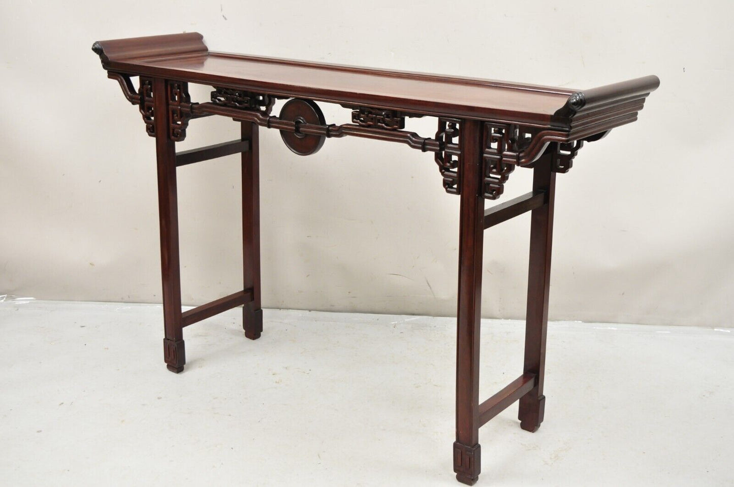 Vintage Chinese Oriental Fretwork Carved Hardwood Altar Console Hall Table