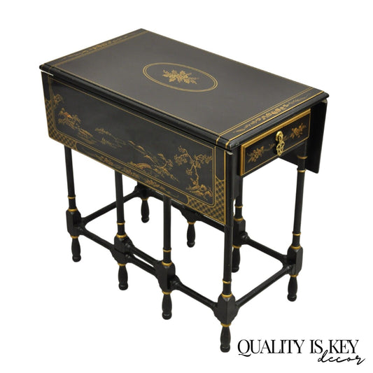 Drexel Et Cetera Asian Chinoiserie Black Lacquer Small Gateleg Side Table