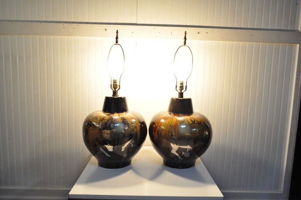 Pair Vintage Mid Century Modern Gazelle Ram Drip Glaze Pottery Table Lamps