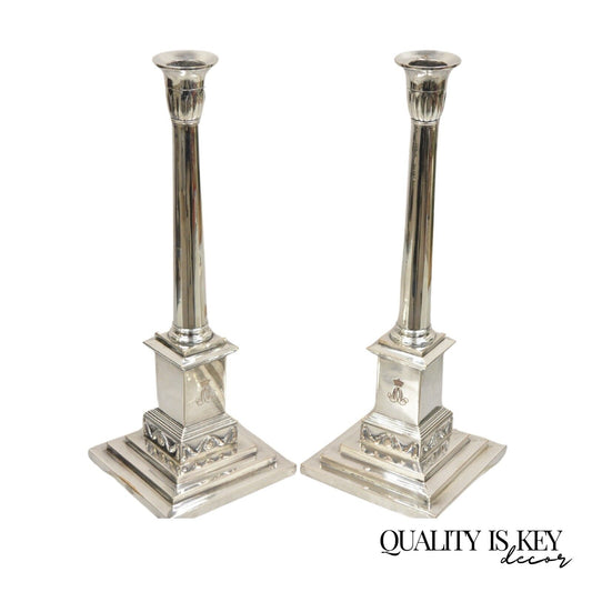 Antique English Edwardian Silver Plated Tall Column Candlestick Candleholders