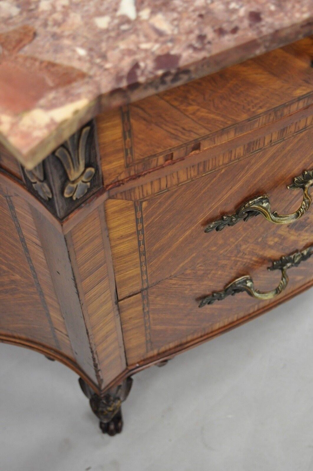 Early 20th C French Louis XV Style Demilune Pink Marble Top Bombe Commode Chest