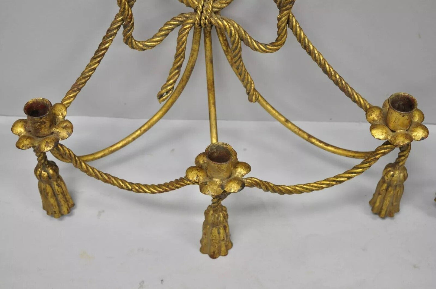 Italian Hollywood Regency Gold Gilt Rope Tassel Candle Holder Wall Sconce - Pair