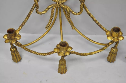 Italian Hollywood Regency Gold Gilt Rope Tassel Candle Holder Wall Sconce - Pair