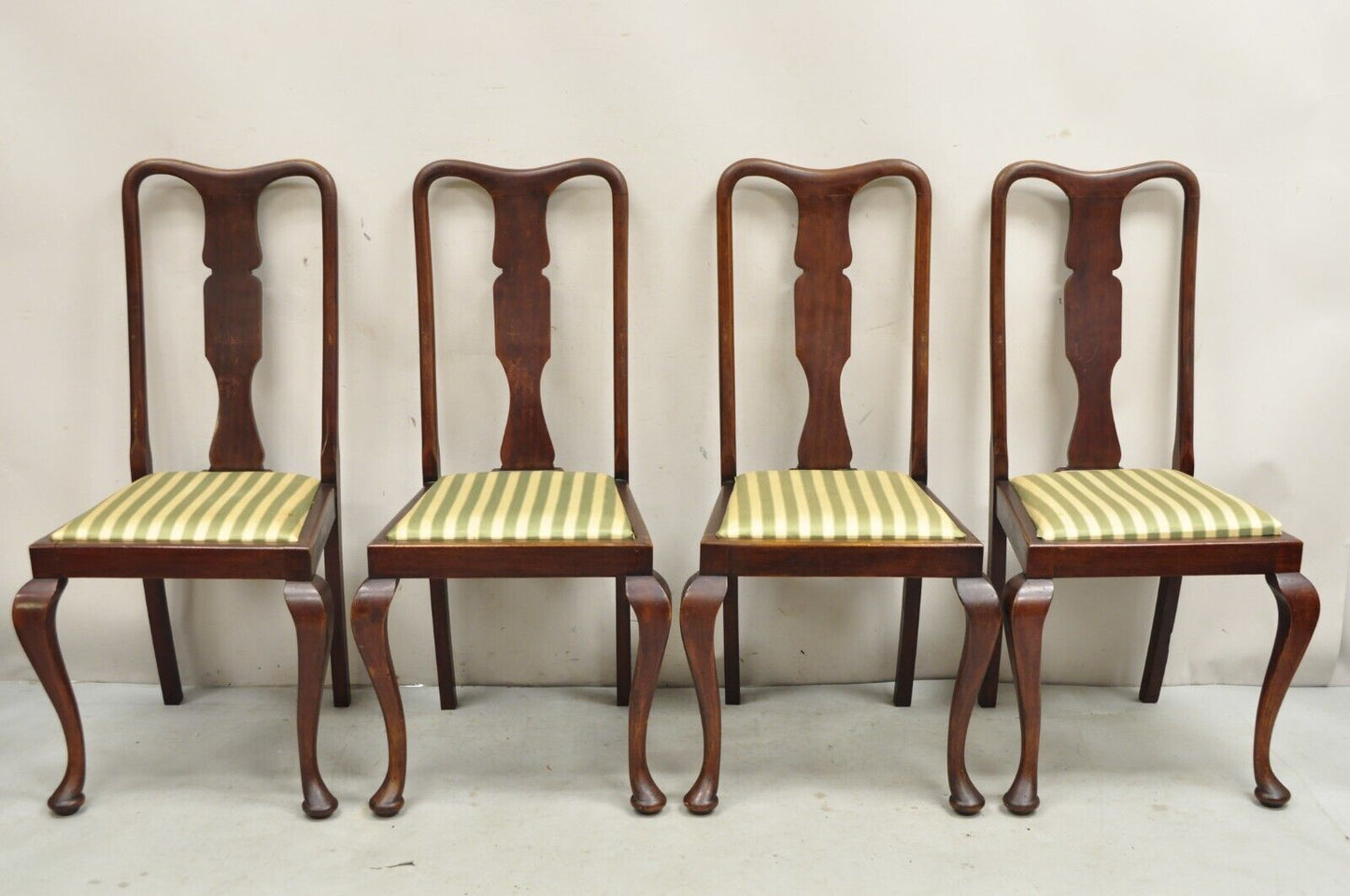 Antique Queen Anne Style Mahogany T-back Dining Side Chairs - Set of 4