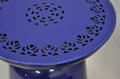 Modern Navy Blue Perforated Metal Garden Stool Side Table - a Pair