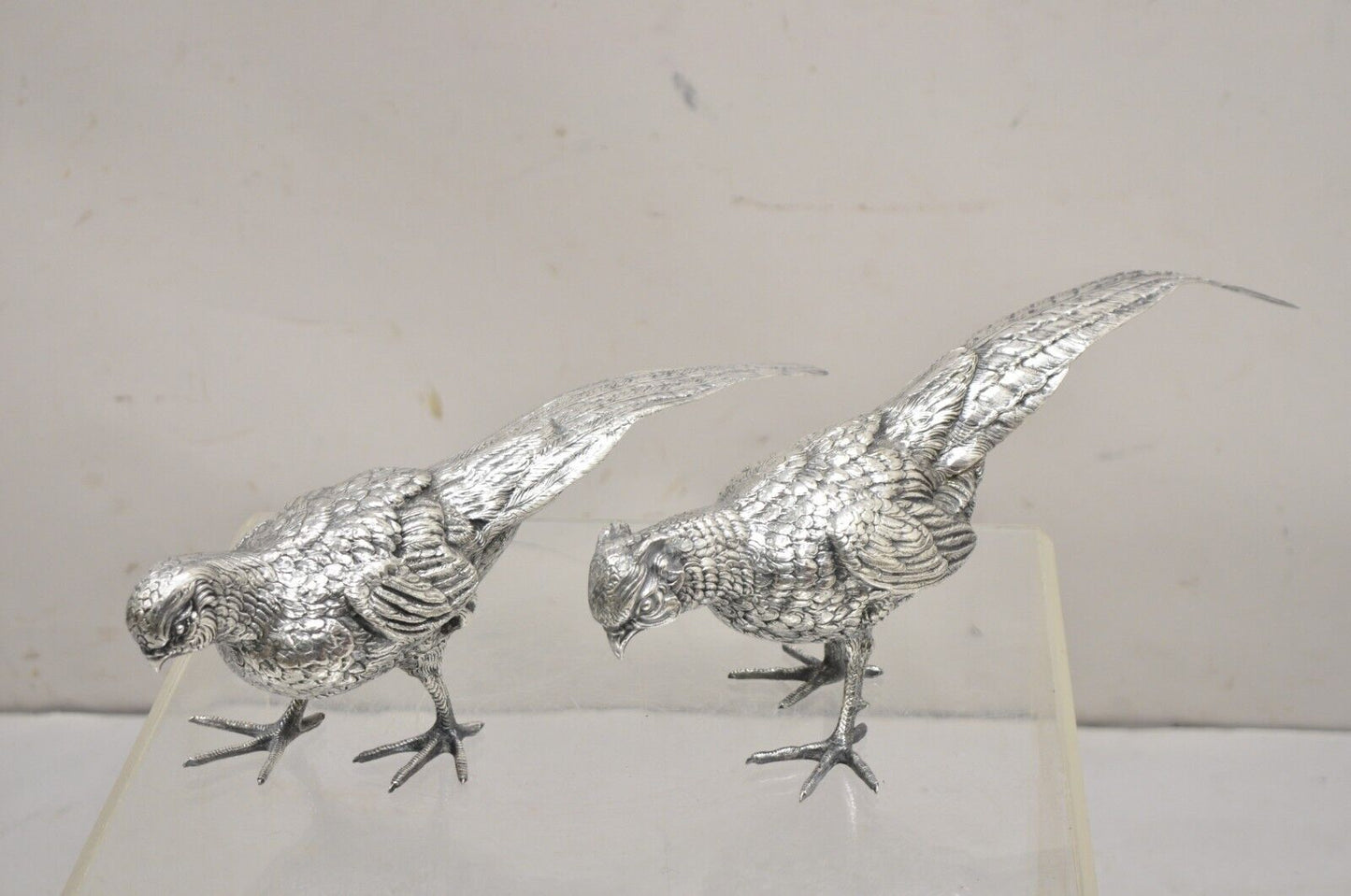 Vintage Hollywood Regency Spain Silver Plated Pheasant Bird Figures - a Pair