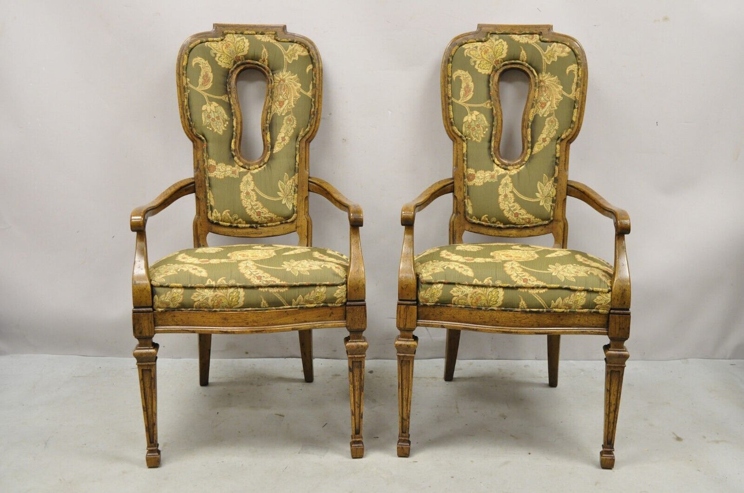 Vintage Hollywood Regency Keyhole Back Fireside Lounge Arm Chairs - a Pair