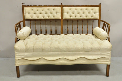 Vintage French Country Style Carved Wood Spindle Upholstered Settee Sofa