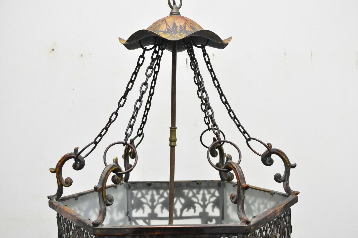 Art Nouveau Slag Glass Hexagonal Gilt Metal Pendant Light Chandelier Fixture