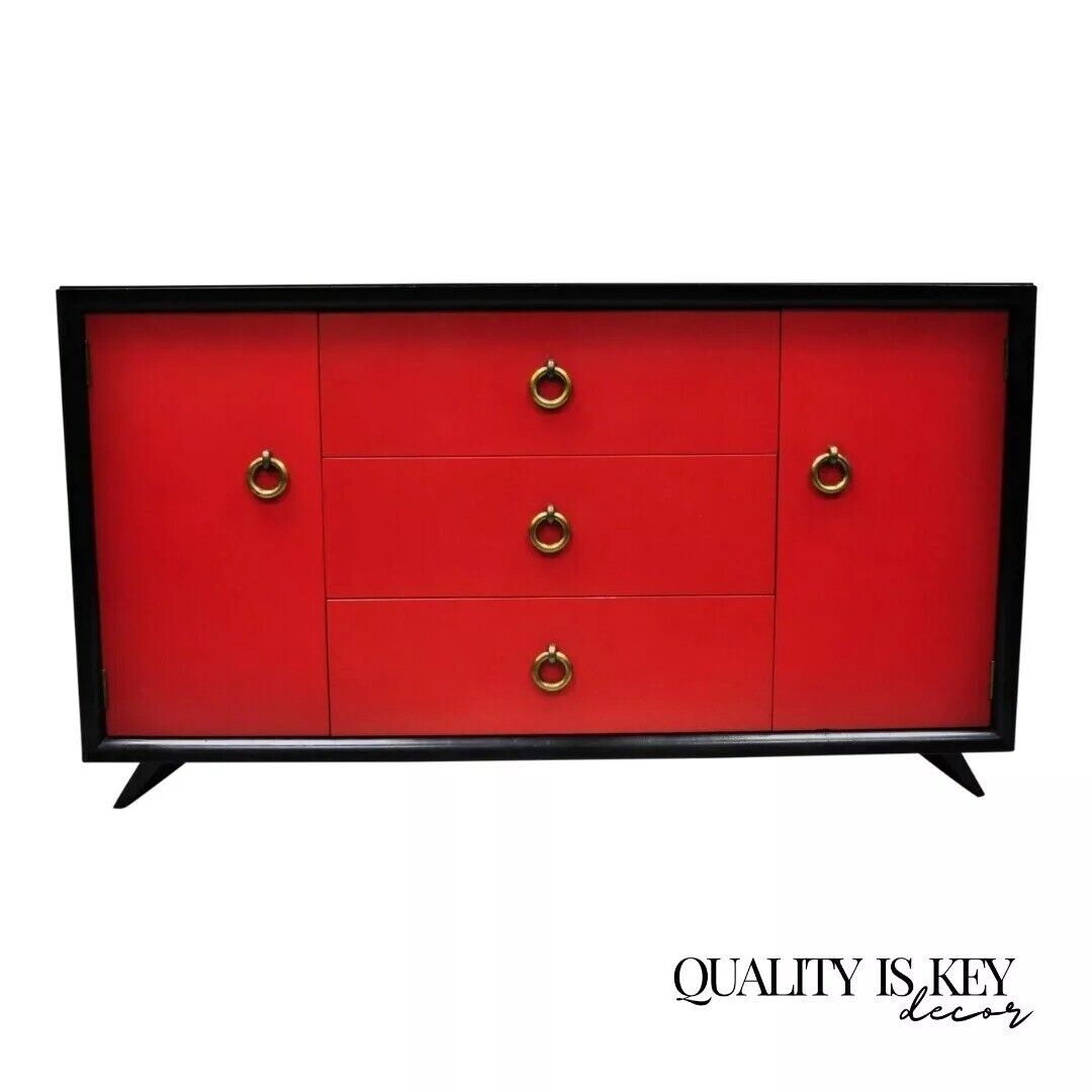 Mid Century Modern Art Deco Black and Red Credenza Cabinet Sideboard by Harjer