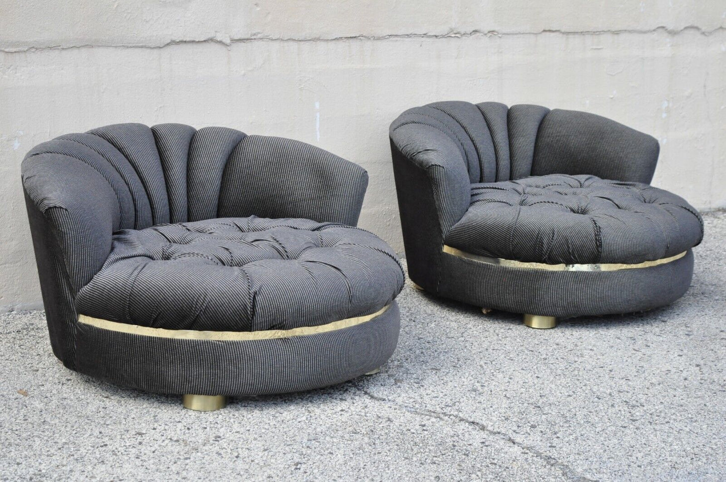 Large Milo Baughman Style Round Black Club Lounge Chair Brass Trim Feet - a Pair