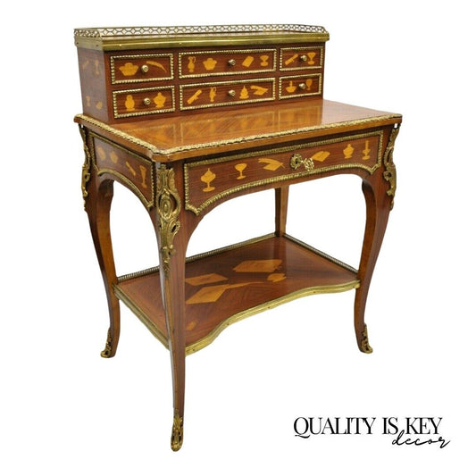 Vintage French Louis XV Style Marquetry Inlay Bronze Ormolu Small Writing Desk