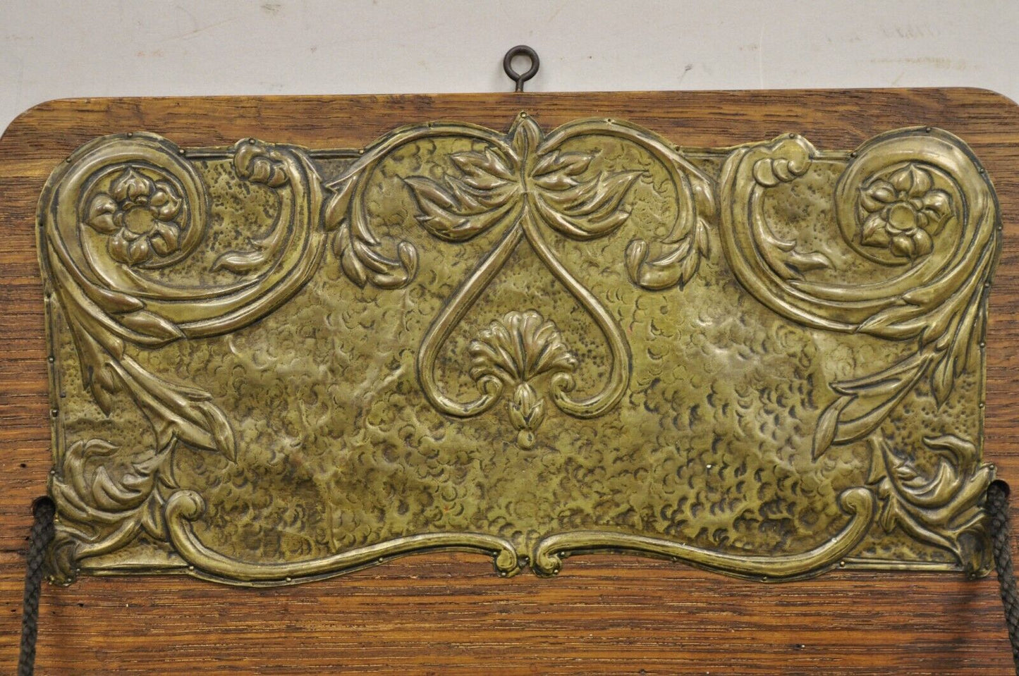 Antique Arts & Crafts Oak & Brass Embossed Folding Wall Hanging Letter Holder