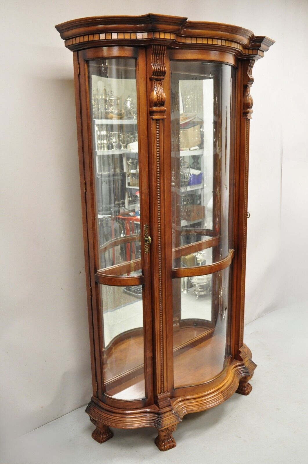 Pulaski Empire Style Cherry Wood Large Bowed Glass Curio Display Cabinet