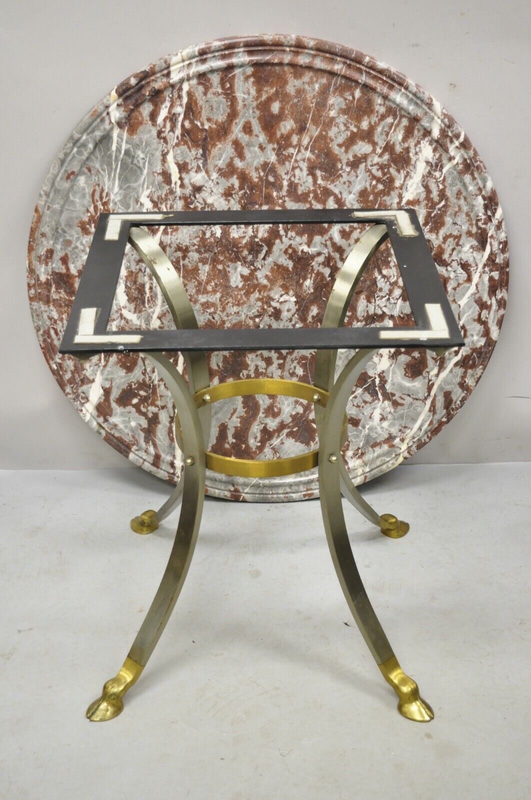 Italian Neoclassical Brass Hoof Foot 32" Round Rouge Marble Top Center Table