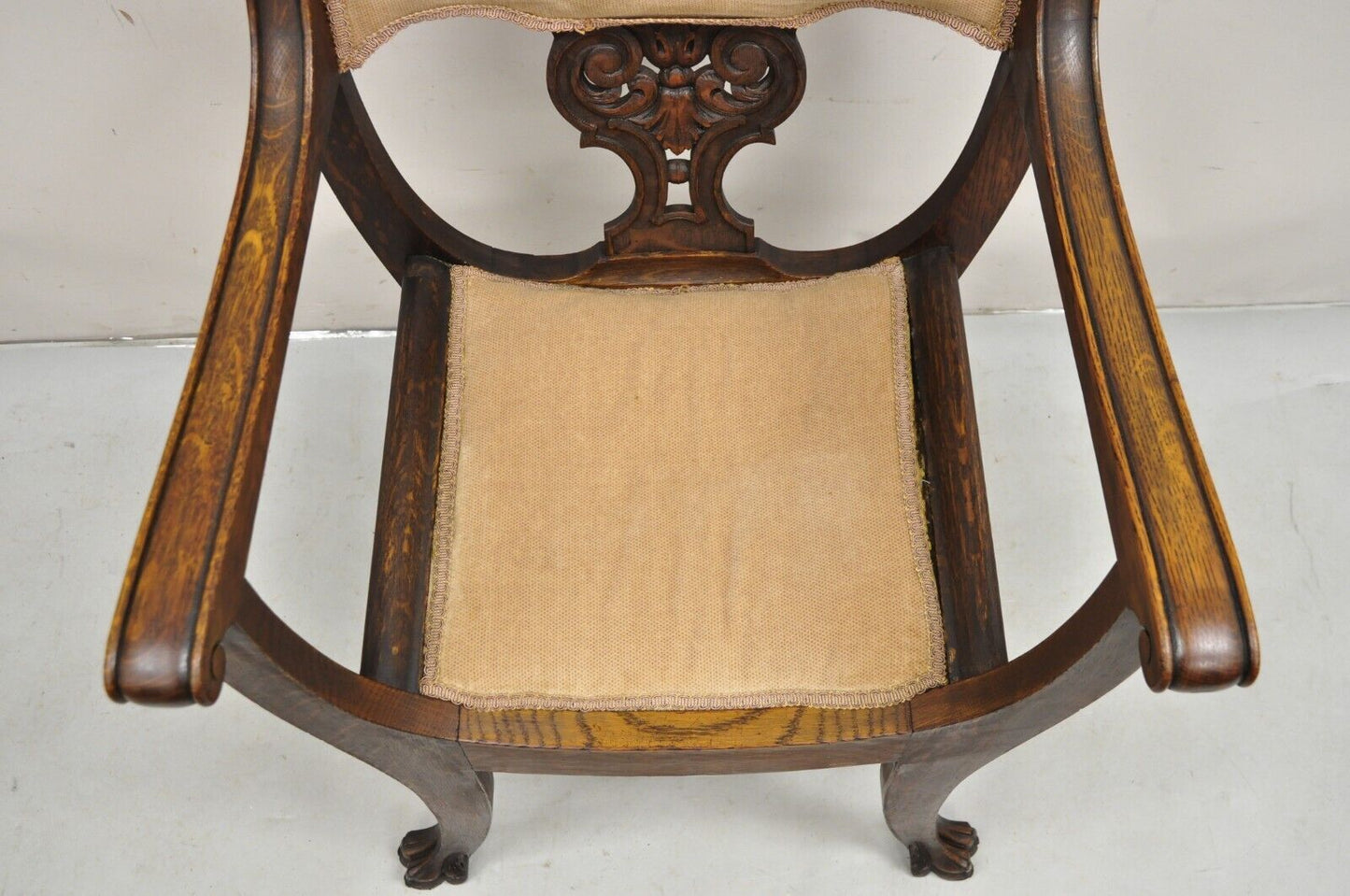 Antique Carved Oak Renaissance Revival Paw Foot Curule Throne Arm Chair