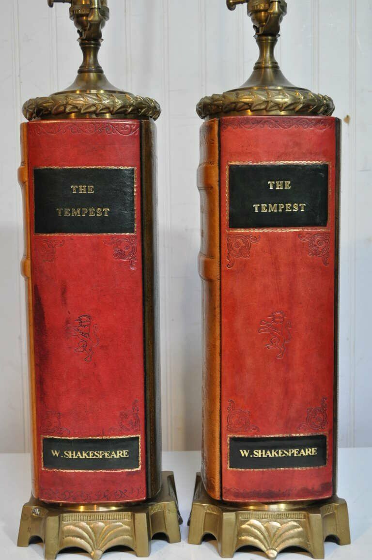 Vintage English Regency Style Leather Book Form Table Lamps by Wildwood - a Pair