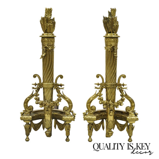 Antique French Louis XVI Style Gilt Bronze Quivers & Arrow Tall Andirons - Pair