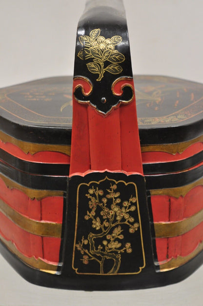 Vintage Chinese Black and Red Lacquer Floral Painted Lidded Wooden Basket Box