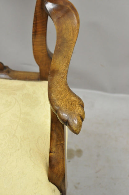 19th Century English Queen Anne Carved Burr Walnut Splat Back Dining Arm Chair