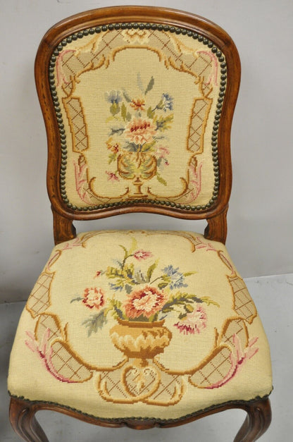 Antique French Provincial Louis XV Walnut Floral Needlepoint Side Chair - a Pair