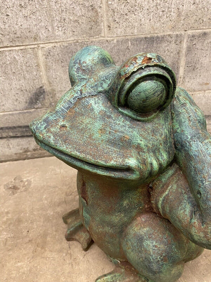 Vintage Hollywood Regency Green Cast Iron Garden Frog Statue "Hear no Evil"