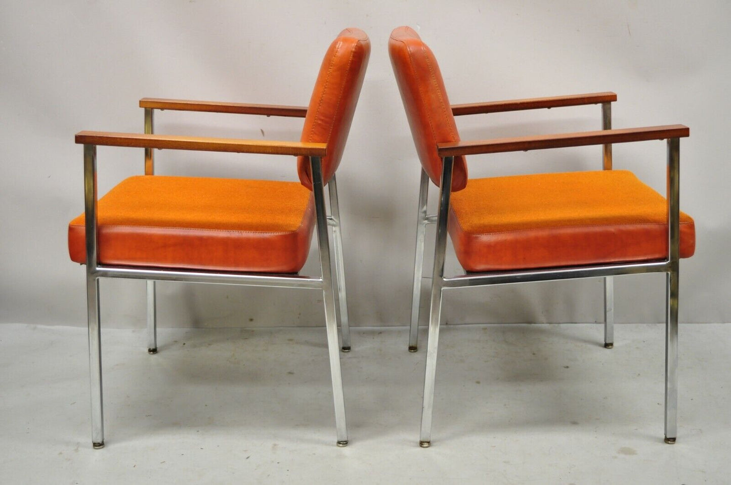 Mid Century Modern Orange Naugahyde Chrome Frame Lounge Arm Chairs by Malibu Ind